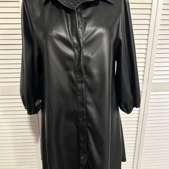 Dolce Cabo Vegan Leather Puff Sleeve Shirt Dress - Picture 3 of 7